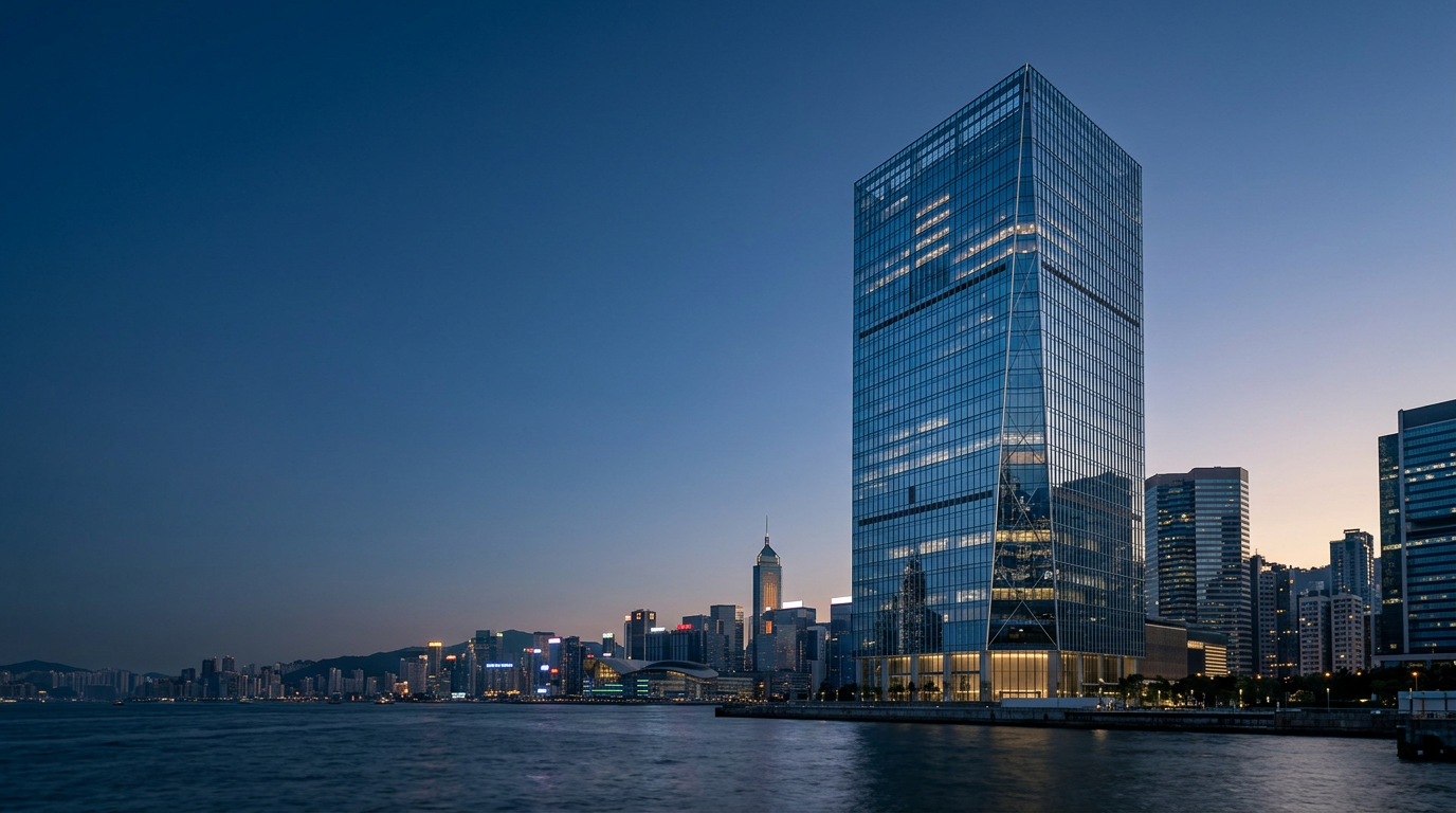 A modern architectural facade with clean geometric lines and cool blue reflections